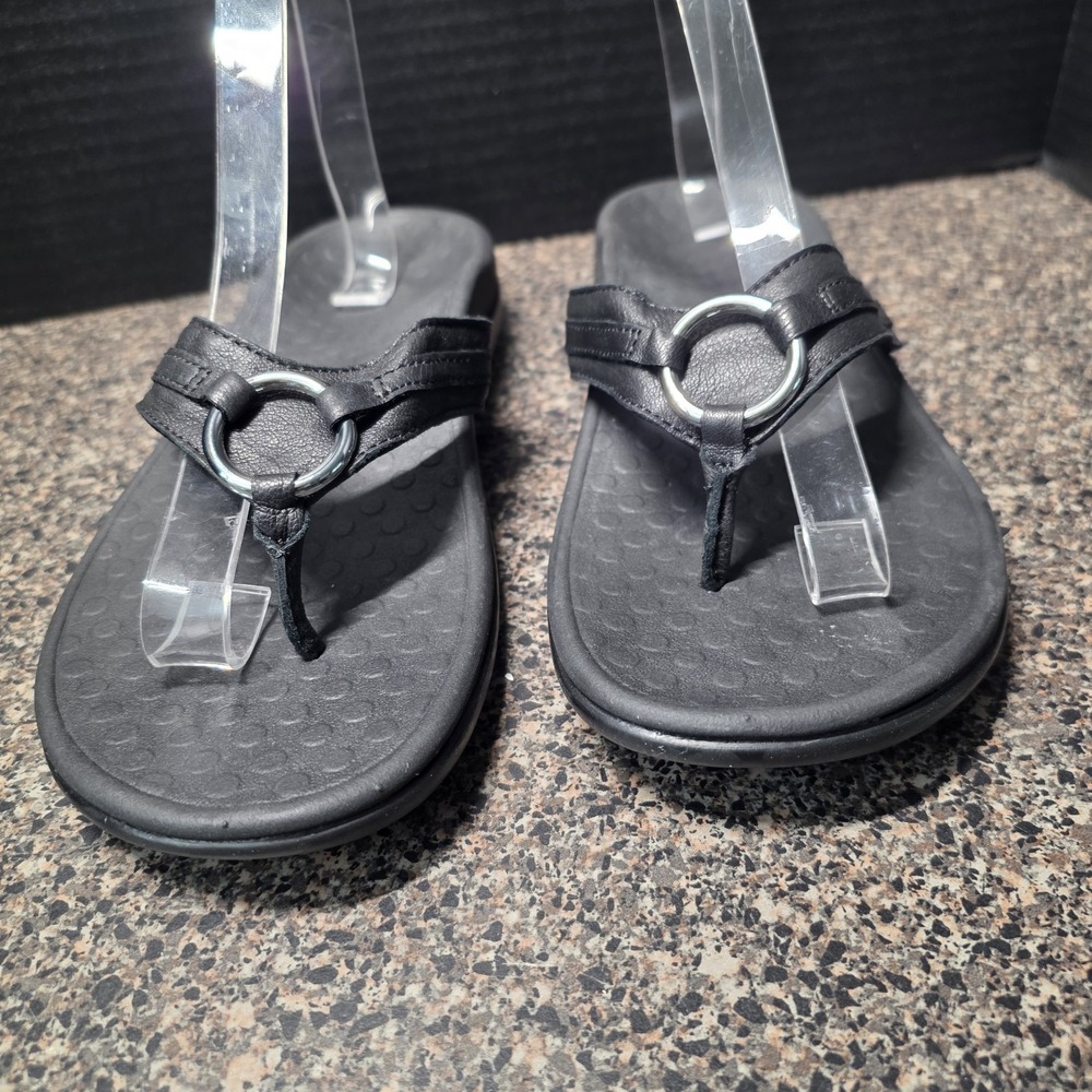 Vionic Tide Aloe Thong Toe Post Sandals Women Size 9 Black Leather Silver O-Ring - Picture 2 of 10